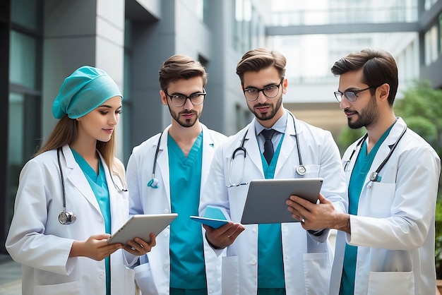 Discussão de trabalho em equipe ou estudantes de medicina caminhando ou planejando uma estratégia de cirurgia em colaboração Médicos estagiários ou jovens cirurgiões com tablet falando trabalhando ou falando sobre cuidados de saúde hospitalares