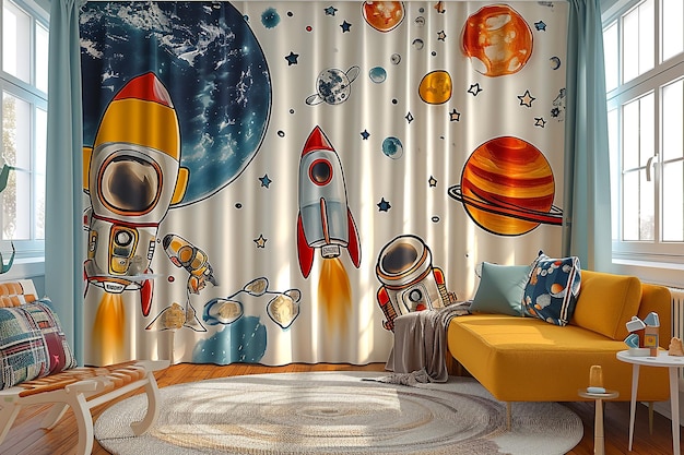 Foto diseña cortinas para la habitación de los niños al estilo de los astronautas y el tema del estilo cómic cósmico