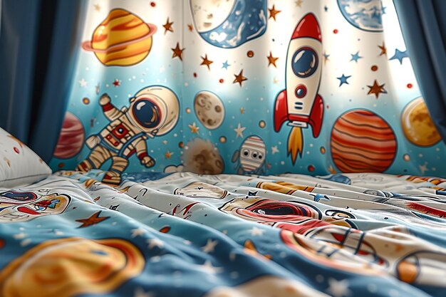 Foto diseña cortinas para la habitación de los niños al estilo de los astronautas y el tema del estilo cómic cósmico