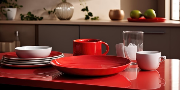 Diseña diferentes platos rojos en el estante de la cocina Foto de alta calidad IA generativa