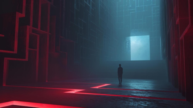 Diseña una escena convincente donde una figura solitaria está iluminada por la luz de una salida al final de un laberinto digital.
