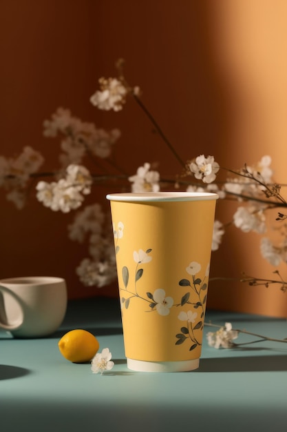 Diseña un vaso de papel minimalista con tema de primavera creado con tecnología de IA generativa