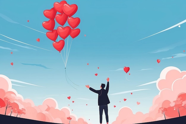 Diseña un vector de una persona liberando globos de amor propio en el cielo