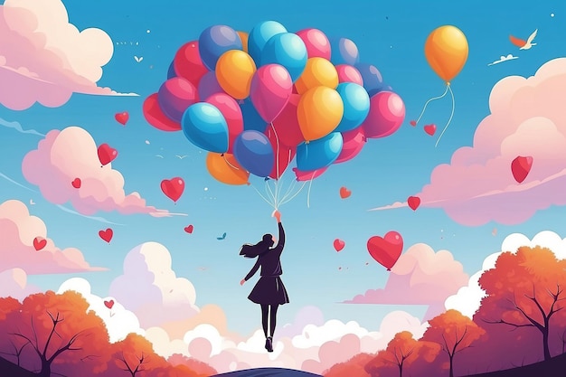 Diseña un vector de una persona liberando globos de amor propio en el cielo