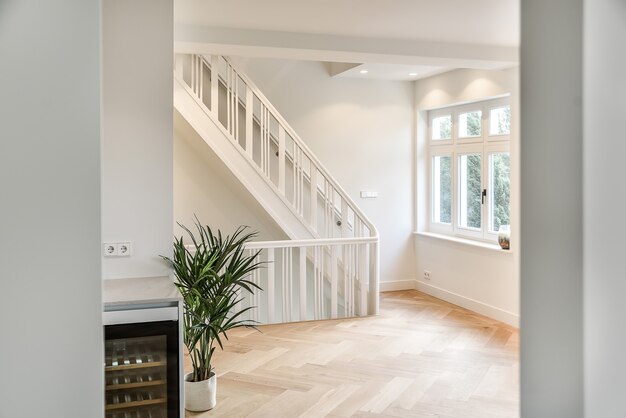Diseñado en un hall de escalera de estilo minimalista. interior del pasillo de la escalera de la casa de lujo