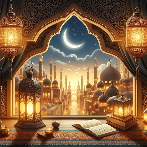 Diseñado una ilustración islámica para Mahe Ramadan Kareem y Eid ul Fitr