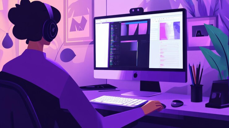 Foto diseñador ajustando gráficos vectoriales en un programa de ilustración digital
