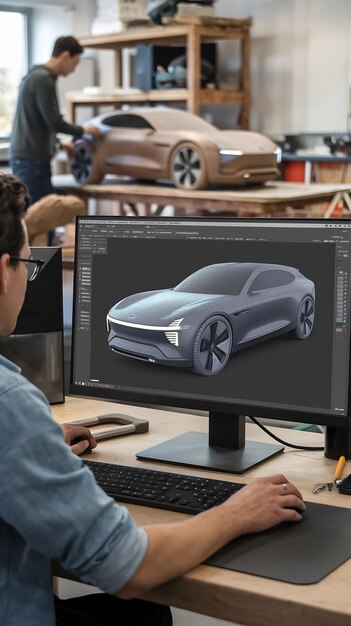 Diseñador automotriz trabajando en una computadora de escritorio con software CAD 3D con diseño de prototipos de automóviles