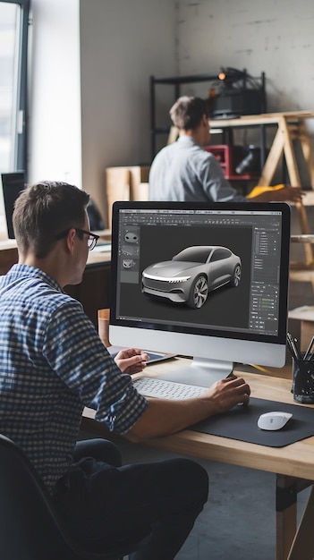 Diseñador automotriz trabajando en una computadora de escritorio con software CAD 3D con diseño de prototipos de automóviles