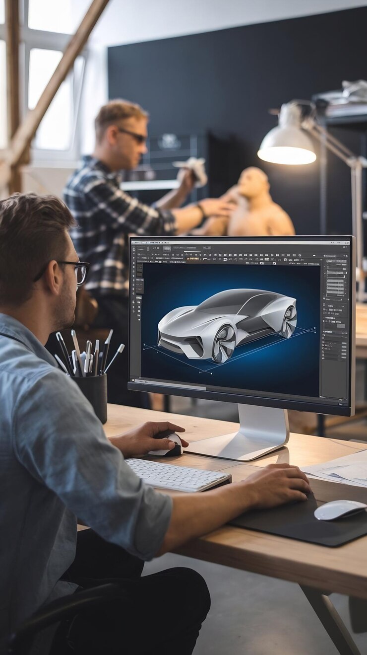 Foto diseñador automotriz trabajando en una computadora de escritorio con software cad 3d con diseño de prototipos de automóviles