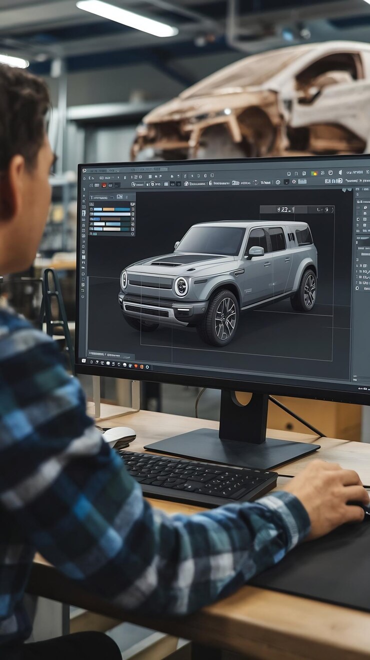 Foto diseñador automotriz trabajando en una computadora de escritorio con software de personalización 3d para un prototipo ca