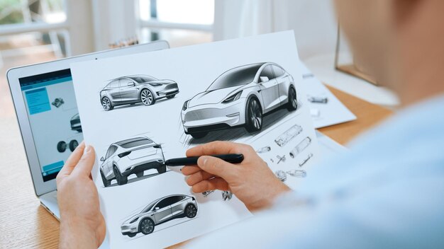 Diseñador de automóviles analizando cuidadosamente el prototipo de automóvil Synchronos