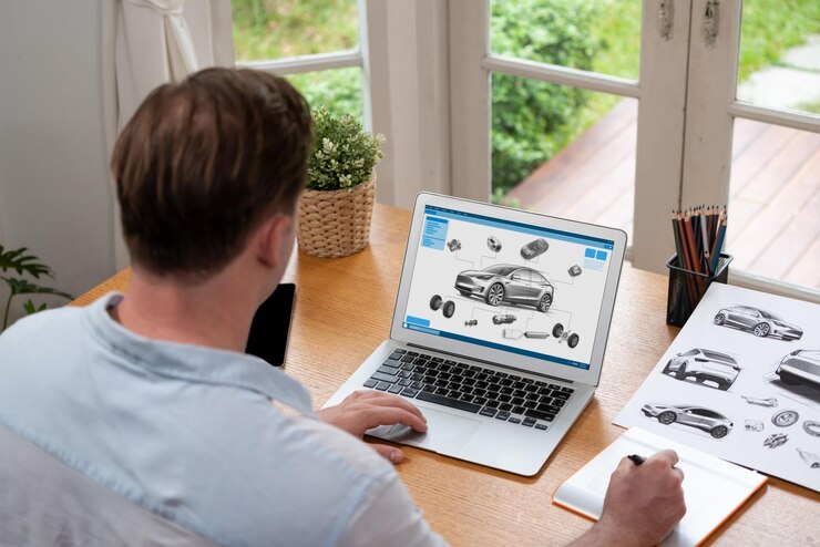 Foto diseñador de automóviles analizando cuidadosamente el prototipo de automóvil synchronos