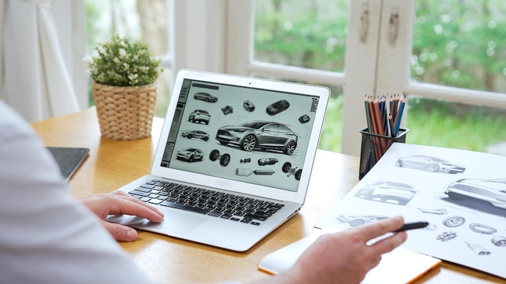 Foto diseñador de automóviles analizando cuidadosamente el prototipo de automóvil synchronos