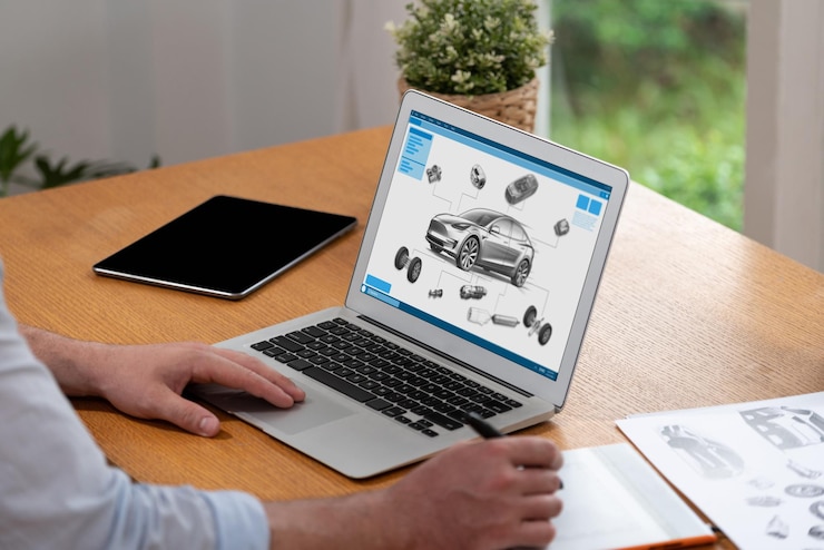 Foto diseñador de automóviles analizando cuidadosamente el prototipo de automóvil synchronos