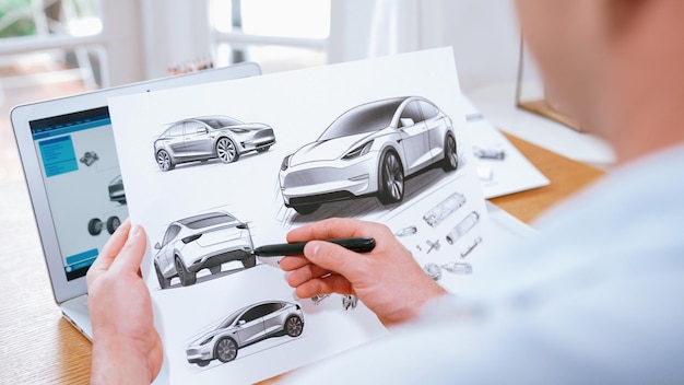 Diseñador de automóviles analizando cuidadosamente el prototipo de automóvil Synchronos