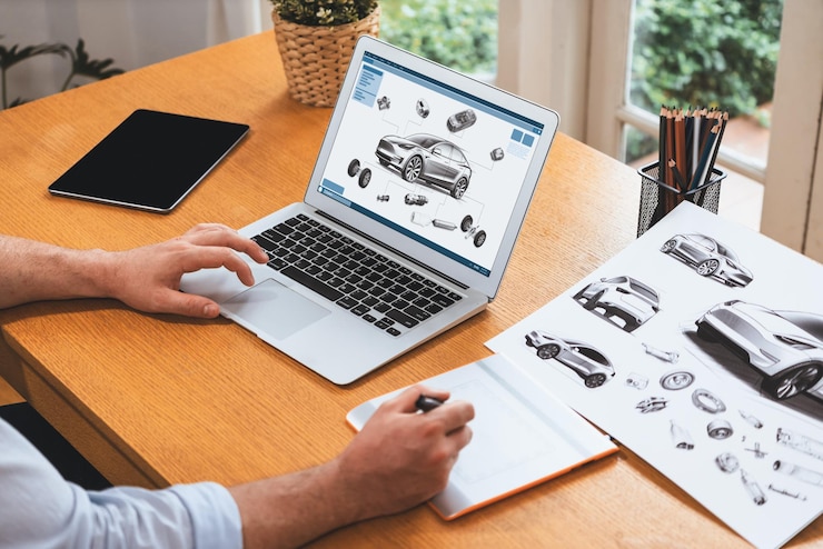 Foto el diseñador de automóviles analizando cuidadosamente los prototipos de automóviles sincrónicos