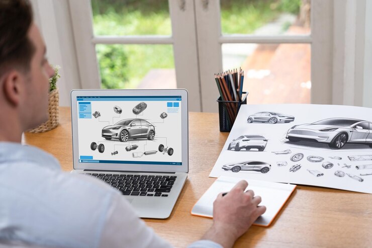Foto el diseñador de automóviles analizando cuidadosamente los prototipos de automóviles sincrónicos