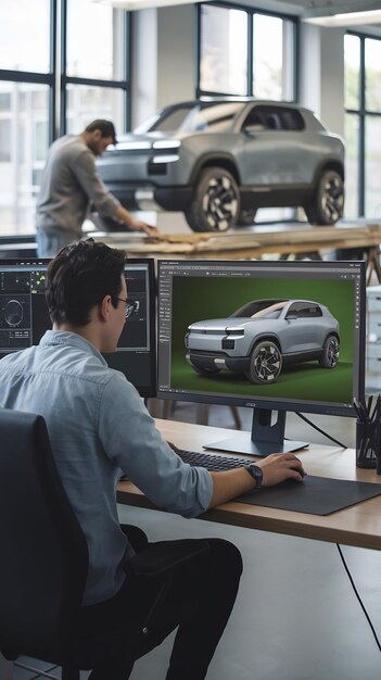 Diseñador de automóviles trabajando en una computadora de escritorio con pantalla verde