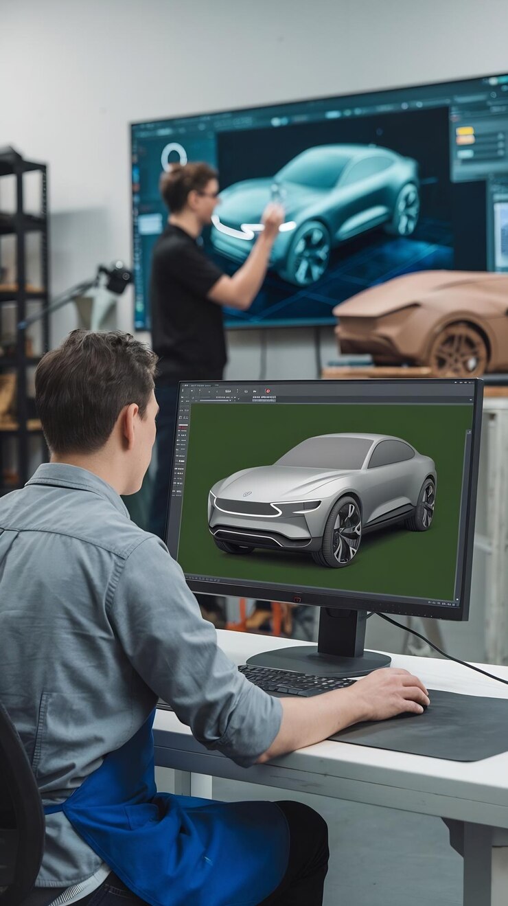 Foto diseñador de automóviles trabajando en una computadora de escritorio con pantalla verde