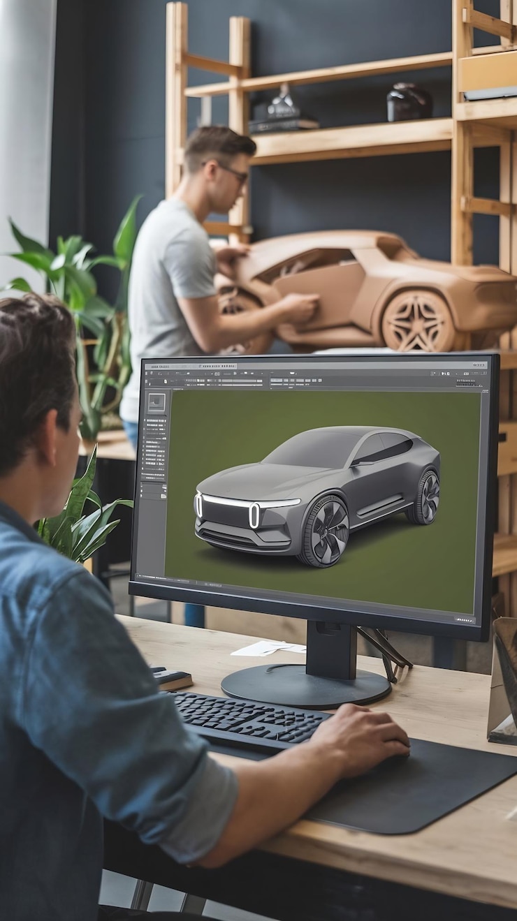 Foto diseñador de automóviles trabajando en una computadora de escritorio con pantalla verde