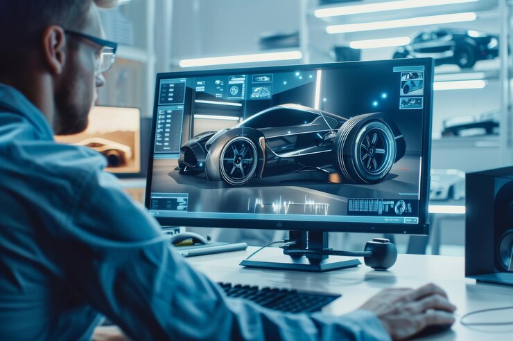 Foto un diseñador se centra intensamente en crear un elegante modelo de coche futurista en su computadora rodeado de equipos y pantallas de alta tecnología