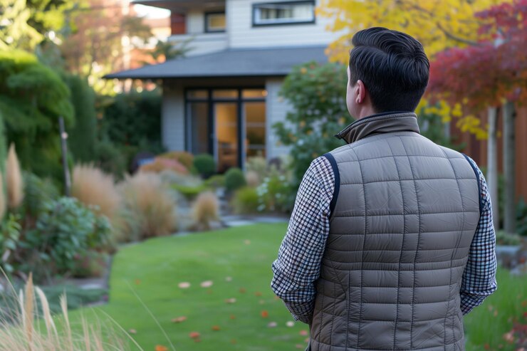 Diseñador con un chaleco observando un patio residencial