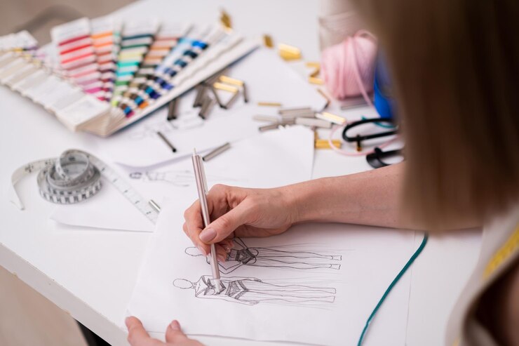 Foto diseñador dibuja un boceto de vestido de futura mujer con lápiz sobre papel trabajando en un taller de moda