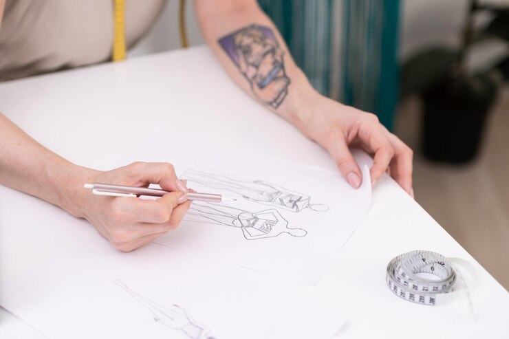 Foto diseñador dibuja modelo de ropa en papel en la mesa en taller de moda sastre hace boceto de ropa