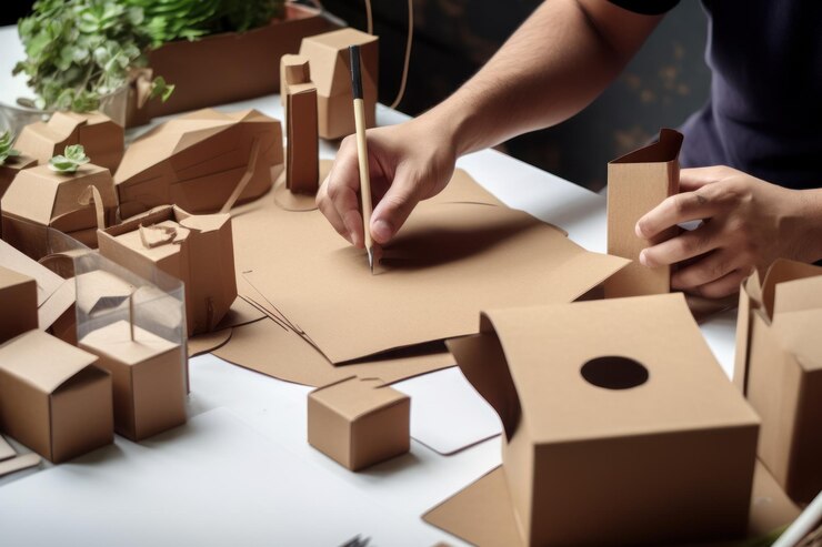 Diseñador dibujando dibujando diseño de cartón de artesanía marrón caja de maquillaje de embalaje de papel IA generativa