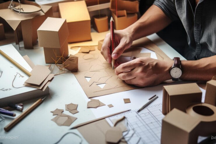 Diseñador dibujando dibujando diseño de cartón de artesanía marrón caja de maquillaje de embalaje de papel IA generativa