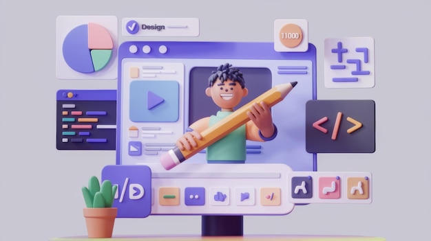 Diseñador de dibujos animados 3D con codificación y elementos de diseño de la interfaz de usuario del sitio web Pencil