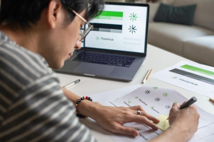 Foto diseñador gráfico asiático que trabaja en un estudio de oficina diseñando logotipos y mostrando la identidad corporativa y el proceso de diseño de logotipos