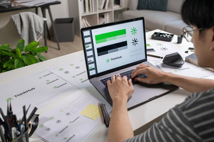Foto diseñador gráfico asiático que trabaja en un estudio de oficina usando una computadora portátil diseñando logotipos y mostrando la identidad corporativa y el proceso de diseño de logotipos