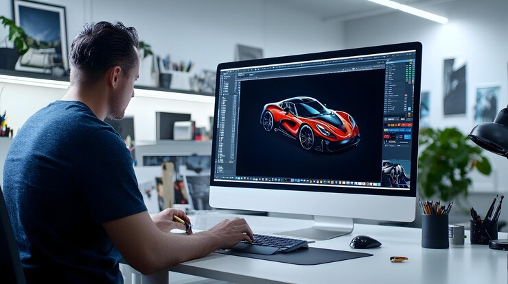 Foto diseñador gráfico desarrollando un concepto visual para la publicidad en un fondo gris claro