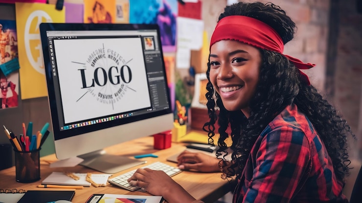 Foto diseñador gráfico femenino sonriente trabajando en equipo