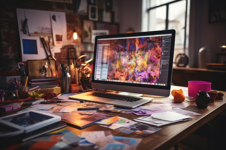 diseñador gráfico oficina en casa y escritorio creativo IA generativa