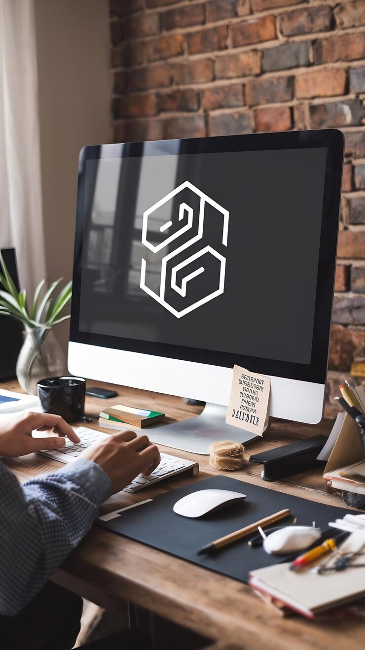 Foto diseñador gráfico que crea el logotipo de la empresa en una computadora de escritorio
