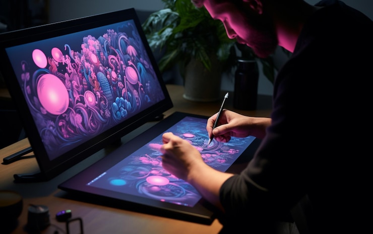 Foto diseñador gráfico que trabaja con una tableta de dibujo digital con pantalla interactiva