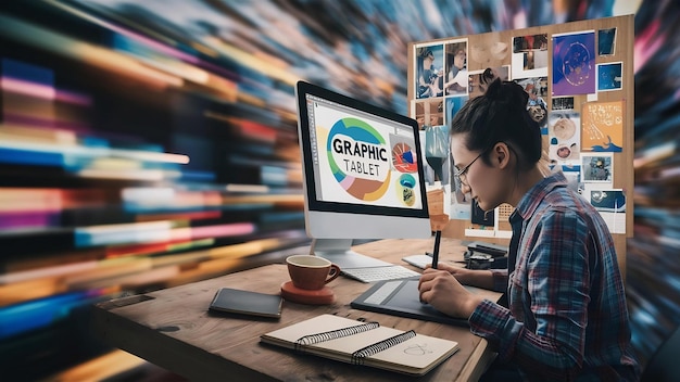 Diseñador gráfico con tableta gráfica y escritorio.