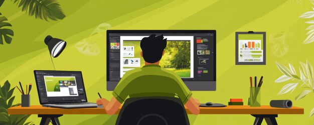Diseñador gráfico trabajando en computadora con software de diseño