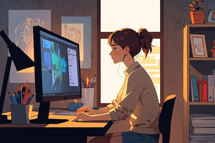 Foto diseñador gráfico durante el trabajo creativo detrás del escritorio con la computadora en la ventana plana
