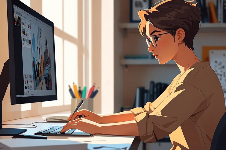 Foto diseñador gráfico durante el trabajo creativo detrás del escritorio con la computadora en la ventana plana