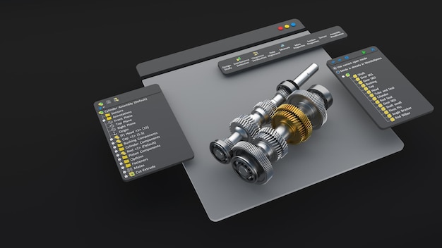 El diseñador de ingeniería diseña un modelo de software CAD en 3D. Representación 3d de la pantalla de la computadora de producción digital.