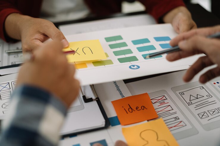 Foto diseñador de interfaz de usuario haciendo una lluvia de ideas sobre el diseño de estructura alámbrica de la interfaz de la aplicación móvil con una breve descripción del cliente y un código de colores en la oficina