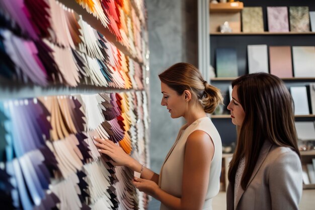 Foto el diseñador de interiores y el cliente deliberan sobre las opciones de pintura de pared