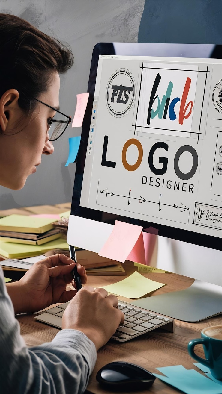 Foto diseñador de logotipos trabajando en el escritorio de una computadora