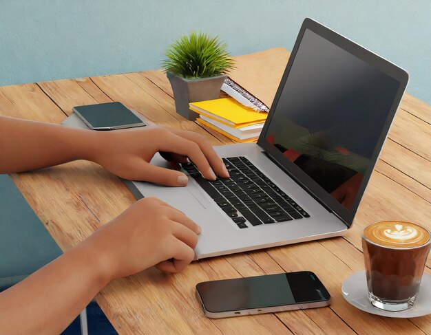 Foto diseñador de mano trabajando y teléfono inteligente y portátil en escritorio de madera