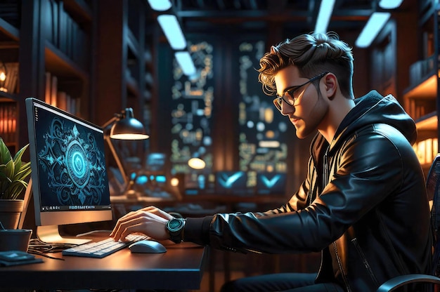 diseñador masculino con gafas trabajando en la computadora por la noche