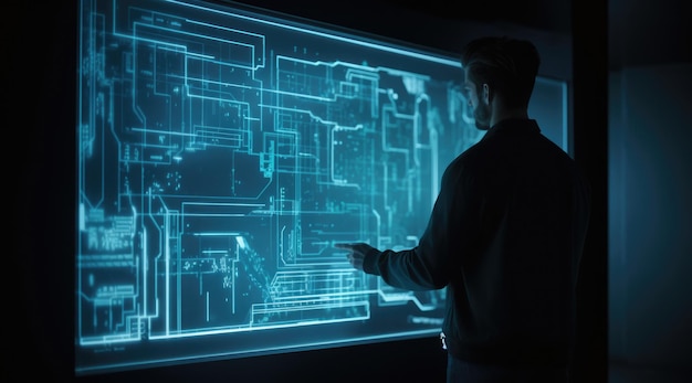 Un diseñador masculino mirando un edificio 3D en una caja de luz azul artificial al estilo de la visualización de datos IA generativa AIG21